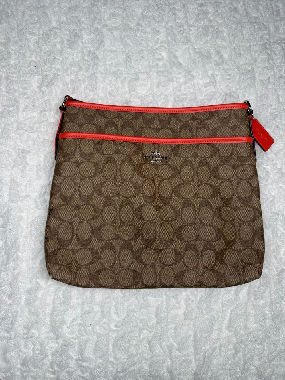 Coach Brown Signature Canvas Crossbody with Coral Trim